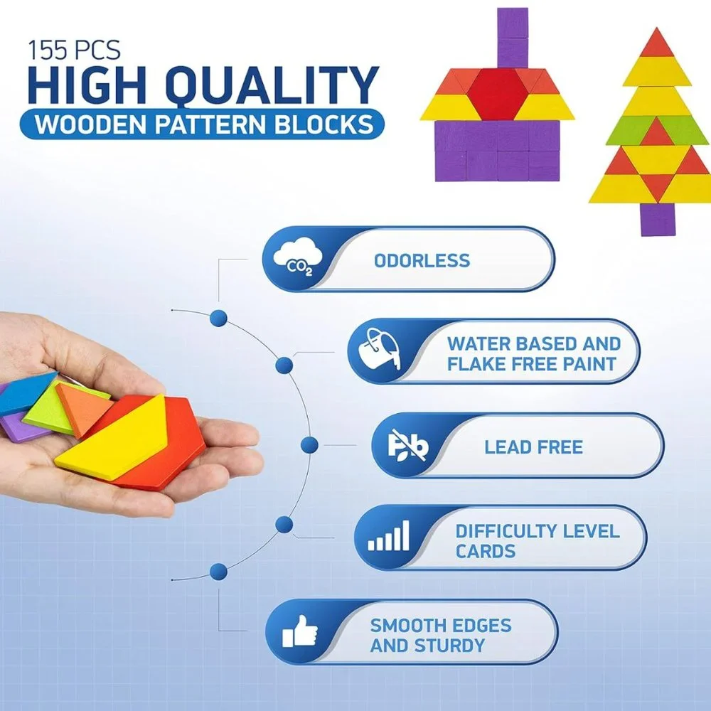 155 Pcs Wooden Pattern Blocks with 24 Design Cards